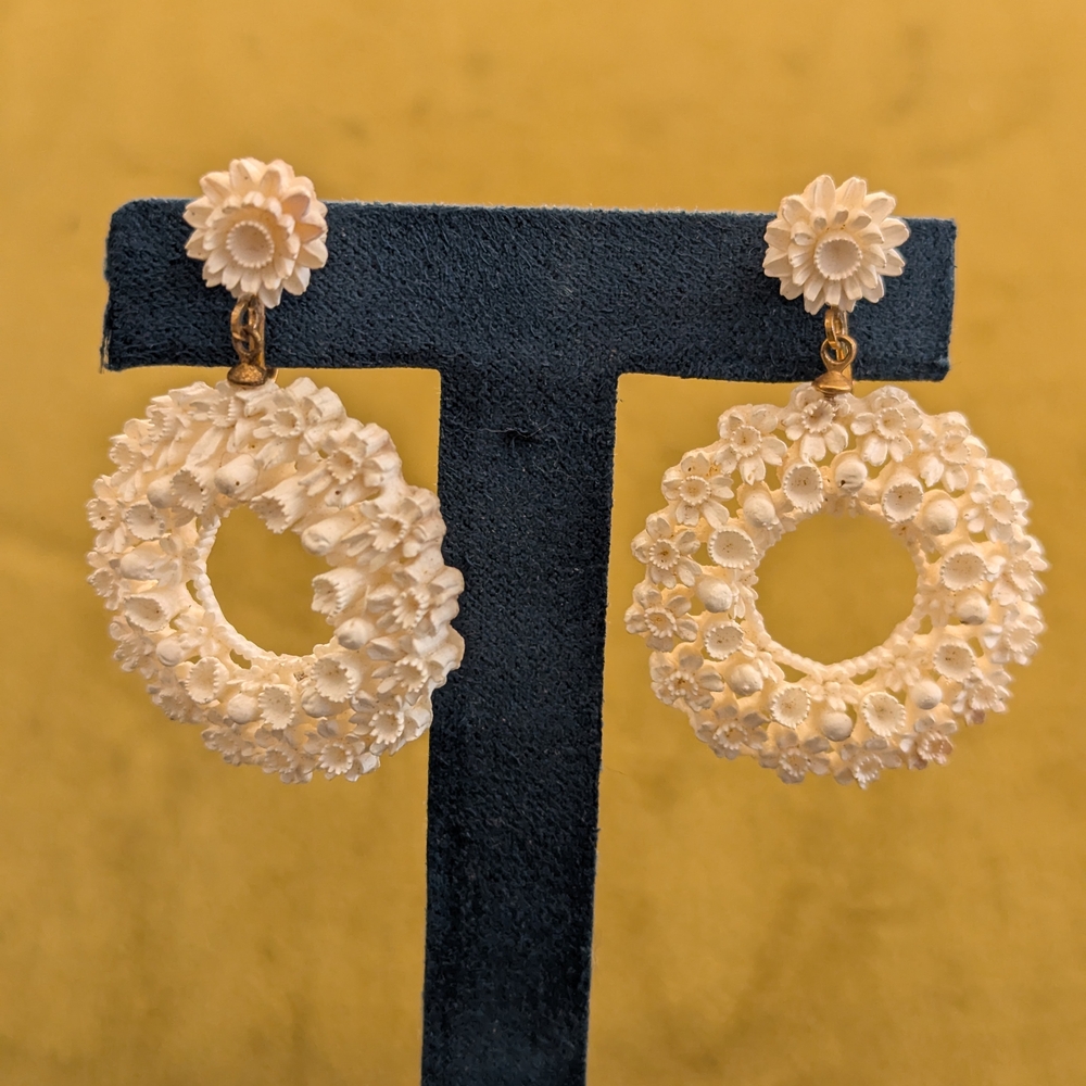 Featherweight Celluloid Carved Dangle Clip Earrings          SKU 010280